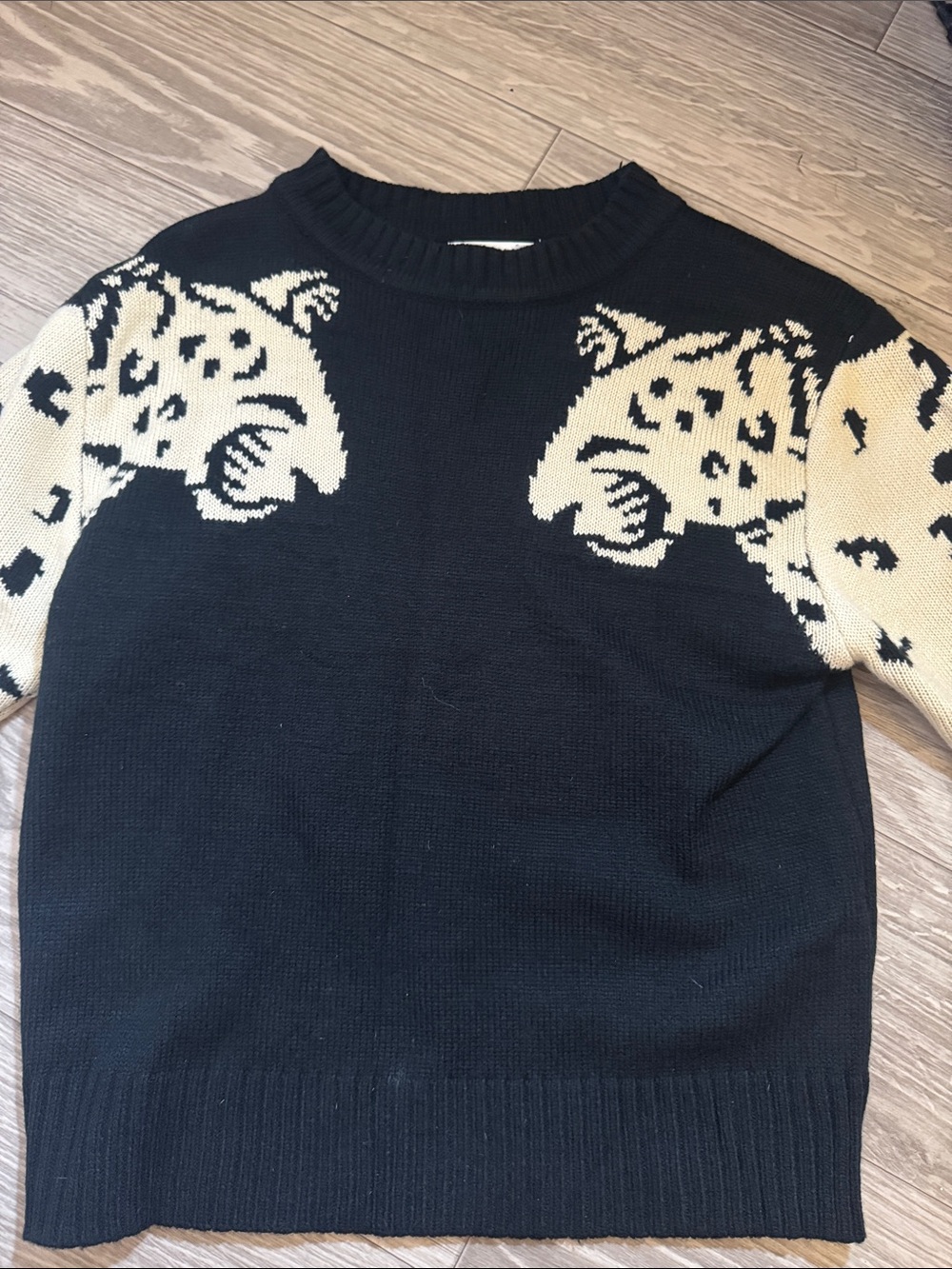 Crewneck Black Sweater with Cream Leopard Motif
